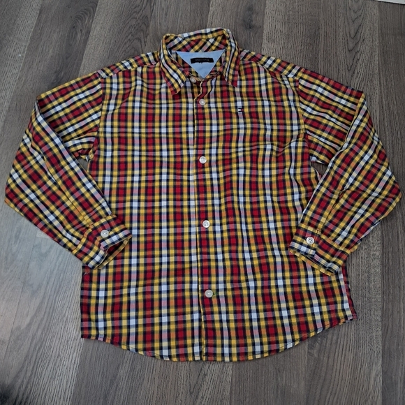 Tommy Hilfiger Toddler Boy Button Dress Shirt Size 4T Yellow And Red - Picture 1 of 7
